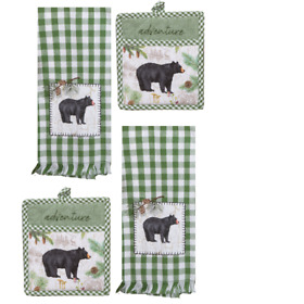 R4337 4 Piece Green White Towel And Pocket Mitt Set Pinecone Trails Bear
