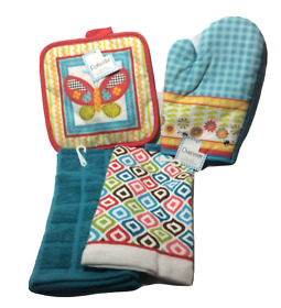 4pc Kitchen Towels Oven-mitt Potholder Turquoise Butterfly Bee Geometric New Lot 4pc Kitchen Towels Oven-mitt Potholder Turquoise Butterfly Bee Geometric New Lot