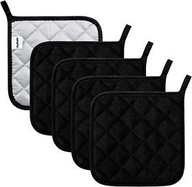 5-pieces Pot Holders Cotton Made Machine Washable Heat Resistant Black