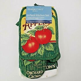 K638bw 8 Pc. Kitchen Towel Potholder Oven Mitt Dish Cloth Set Red Apples Orchard Green
