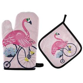 Aflyko 699239000336 Flamingo Flower Pink Oven Mitt Pot Holder Set Cooking Glove 10.6 Inch 6.7 Poth