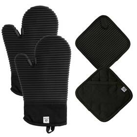 Ah Artisan Home 060776160327 Black Silicone Oven Mitts And Pot Holders Sets Heat Resistant Hot
