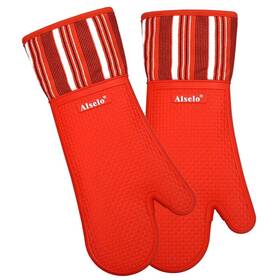 Alselo 740881757548 Silicone Oven Mitts Heat Resistant 550 Degree Extra Long Kitchen Mittens With