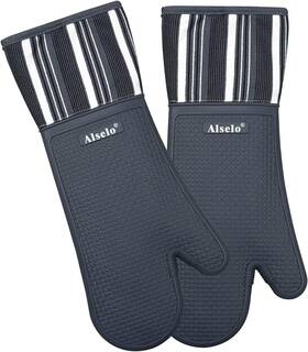 Yk-ke-86 Alselo Silicone Oven Mitts Heat Resistant 550 Degree Extra Long Grey