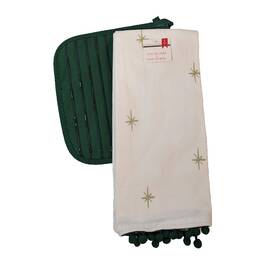 234-03-3363 Always First Christmas Pot Holder And Kitchen Tea Towel Holiday Set Gold Stars Dark Green