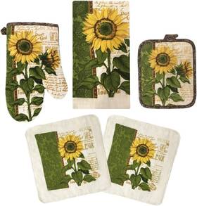 American Linen 445027849806 Kitchen Towel Set 5pc Oven Mitts Pot Holders Dish Cloths Sunflower Cotton New
