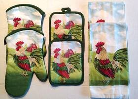 American Mills 815691023272 6 Piece Kitchen Linen Set Rooster 2 Tea Towel Pot Holder Oven Mitts