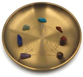 Gold-528 Amitofo Gold Offering Prayer Ritual Bowl Plate With Chakra Gemstone Great For