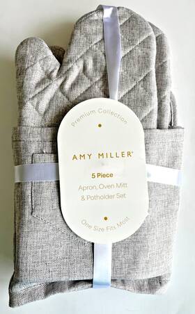 Amy Miller 748279209754 5-piece Gray Apron Oven Mitt And Potholder Set One Size New