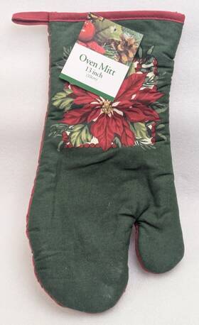 861523 Annas Kitchen Oven Mitt 13 Inch Printed Winter Christmas Poinsettia Flowers Dark New