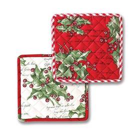 April Cornell 888609678482 Holly Song Christmas Patchwork Potholder Set Of 2 Red Green Ecru