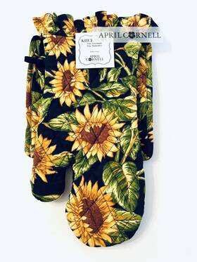 Rn75343 April Cornell Yellow Sunflower Potholder And Oven Mitt Cotton Black New