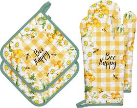 Hx0266-2 Arquiel Bee Daisy Oven Mitts And Pot Mitt X2 Holder