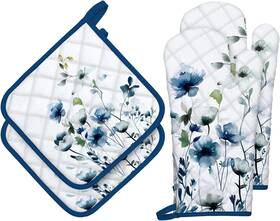 Hx0269-2 Arquiel Blue Watercolor Oven Mitt X2 And Pot Holder Flower