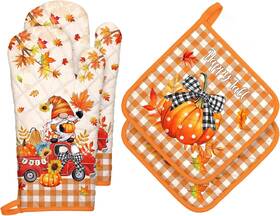 Hx0694-2 Arquiel Fall Pumpkin Gnome Oven Mitts And Mitt X2 Pot Holder 01