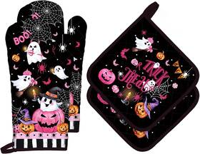 Hx0698-2 Arquiel Halloween Boo Pink Pumpkin Oven Mitt X2 And Pot Holder 01