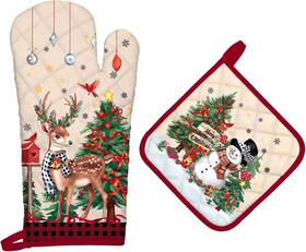 Hx0704 Arquiel Christmas Deer Snowman Oven Mitts Mitt X1 And Pot Holder 01