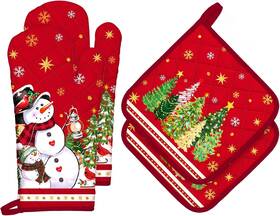 Hx0726-2 Arquiel Christmas Tree Snowman Oven Mitts Mitt X2 And Pot Holder