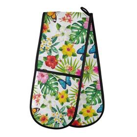 Auuxva 158891412820 Long Double Oven Mitt For Baking Tropical Floral Flower Leaves Butterfly Heat