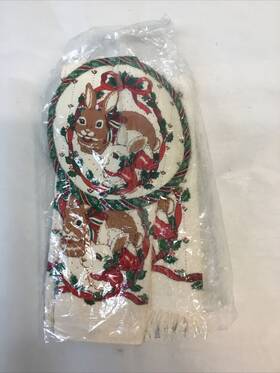 B&d 029441109974 Hot Pad Pot Holder / Towel Christmas Red Green Bunny Rabbits White Vintage