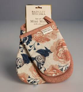 Badgley Mischka 195010185707 Mischa Set Of 2 Mini Mitts Pot Holders Romantic Floral Butterfly Pink