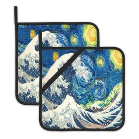 Bamowey 760790442434 2 Pack Starry Night Great Waves Pot Holders For Kitchen Heat Resistant Pothol