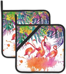 Bamowey 760790442595 Tropical Palm Pot Holder Set Of 2 Flamingo Watercolor Kitchen Heat Resistant