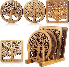 Beeveer 711181485035 5 Pcs Life Tree Wooden Trivets With Storage Rack Hot Pads For Dishes
