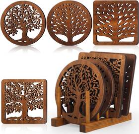 Gre-beeveer-1101 Beeveer Life Tree Wooden Trivet Set With Storage Rack - 5 Heat Resistant Mats