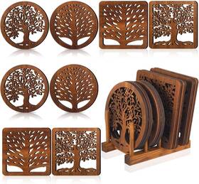 Gre-beeveer-2161 Beeveer 9 Pcs Tree Wooden Trivets Set Includes Round Tea Pot Holders Square Wood