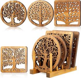 Gre2545 Beeveer 5 Pcs Life Tree Wooden Trivets With Storage Rack Hot Pads For Dishes