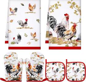 Bencailor 313111821823 6 Pcs Rooster Kitchen Towels Pot Holders And Oven Mitts Set Soft Cotto