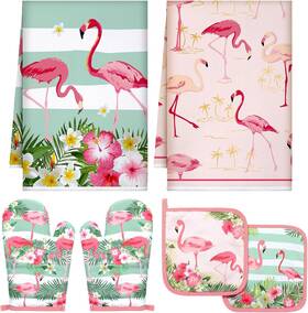 Bencailor 445033553506 6 Pcs Flamingo Kitchen Towels Pot Holders And Oven Mitts Set Soft Cott