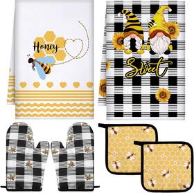 Bencailor 711181075366 6 Pcs Bee Kitchen Towels Oven Mitts And Pot Holders Sets Dish N