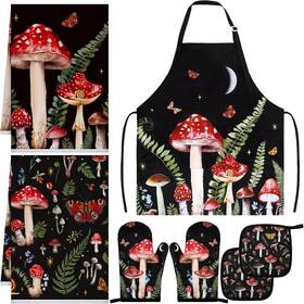 Bencailor 744759594105 7 Pcs Kitchen Towels Oven Mitt And Pot Holder Apron Mushroom Sunflower