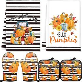 Zy-231018-a Bencailor 6 Pcs Thanksgiving Kitchen Towels Pot Holders And Oven Mitts Set Pumpk