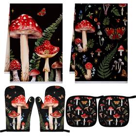 Zy-bencailor-2757 Bencailor 6 Pcs Mushroom Kitchen Towels Oven Mitts And Pot Holders Set Red