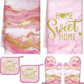 Zy-bencailor-5105 Bencailor 6 Pcs Marble Kitchen Decor Gold Pot Holders Oven Mitts 2 Dish Towels