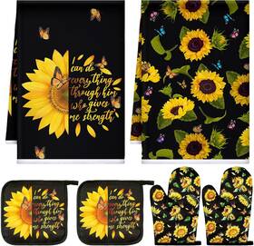 Zy-bencailor-52705 Bencailor 6 Pcs Kitchen Decor Pot Holders Oven Mitts 2 Dish Towels Black