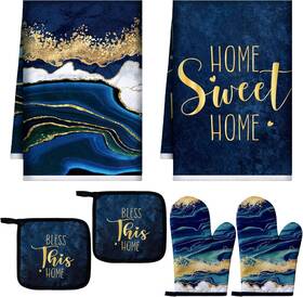 Zy-bencailor-53276 Bencailor 6 Pcs Kitchen Decor Pot Holders Oven Mitts 2 Dish Towels Blue