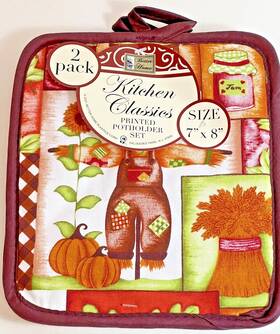 Better Home 044712003058 Fall Halloween Set Of 2 Potholders Scarecrow Patchwork Design New 7x8 Inch Brown