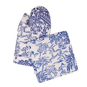 0000100561 Blue Caspari Pagoda Toile And White Fabric Oven Mitt/pot Holder Set