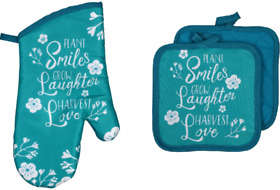 Dt611237bkls34 Blue Flowers Oven Mitt And Potholders 3pc Set Laughter Love Free Shipping