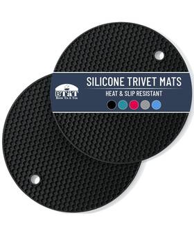 Brew To A Tea 810148870690 Kitchen Mats 2 Pack Silicone Trivet Black Round Hot Pads For Trivets Pots Pans