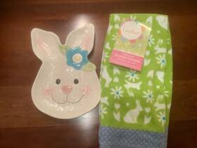 Burton & 098111757524 Easter Bunny Dish And Set Of 2 Flower Kitchen Towels