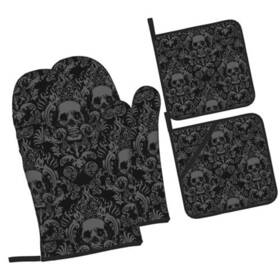 Bybyscl 311653039226 Halloween Gothic Skull Black Oven Mitts And Pot Holders Sets Of 4 Heat-resist