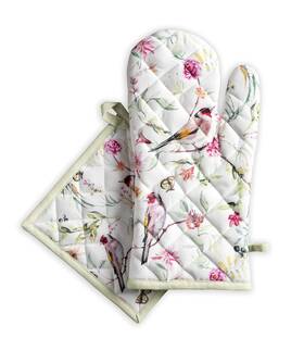 Catop006aa01 Calicot Heat Oven Mitt 7.5 Inch X13 And Pot Holder 8 X8 Sweet Songbirds