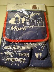 123224 Camper Rv 3 Piece Kitchen Apron Oven Mitt Pot Holder Set Camping Coach New