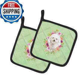 Ck4423pthd Carolines Treasures B082hm3yrm Bichon Frise Green Flowers Pot Holders Pair