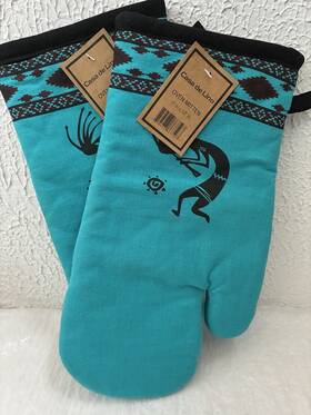 Casa De Lino 758277867597 New Southwest Theme Kokopelli Oven Mitts Pot Holders Pair Turquoise Blue Cotton